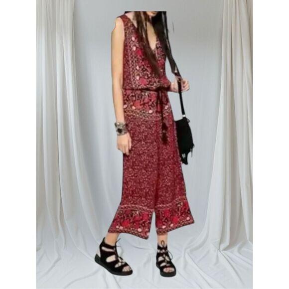 Free People Women's Small Floral Red Black Viscose Wide Leg Jumpsuit One Piece - Picture 1 of 11